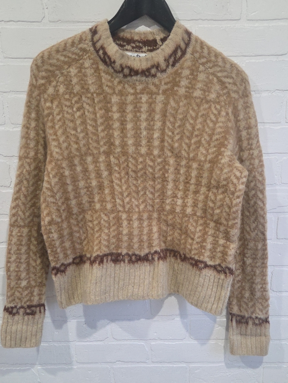 Acne Wool Blend Beige Patterned Crewneck Sweater